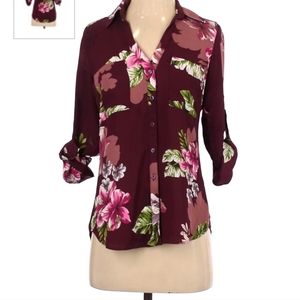 Express XS Floral Portofino shirt burgundy